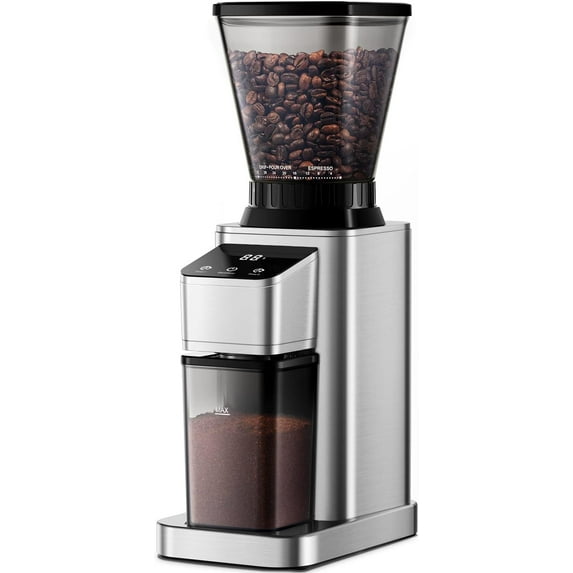 GDOR Conical Burr Coffee Grinder Electric, Adjustable Touchscreen Burr Mill with 48 Precise Settings, Precision Electronic Timer, Anti-static, Brushed Stainless Steel