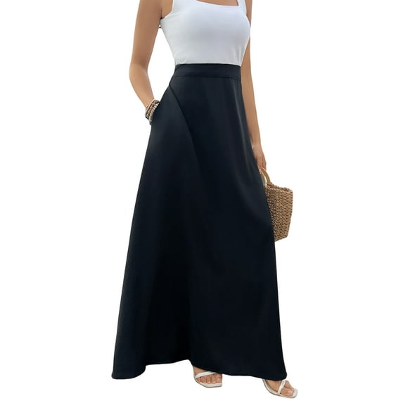 SOMER Dresses for Women Maxi Midi Skirts Long Medium Fancy Flowy Beach Dress Casual High Waist with Pockets for 2025 Trendy Spring Summer Black