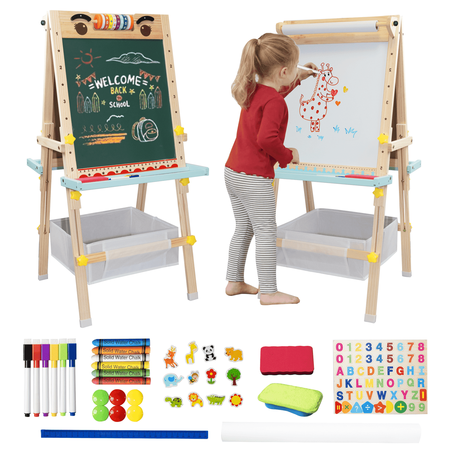 SaveJoy Kids Art Easel with Paper Roll,Double-Sided Adjustable Standing Drawing Board with Accessories Toddlers Easel