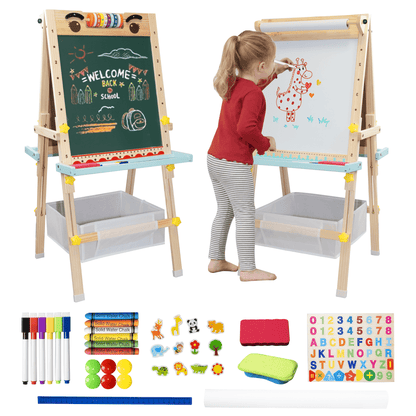 SaveJoy Kids Art Easel with Paper Roll，Double-Sided Adjustable Standing Drawing Board with Accessories for Toddlers