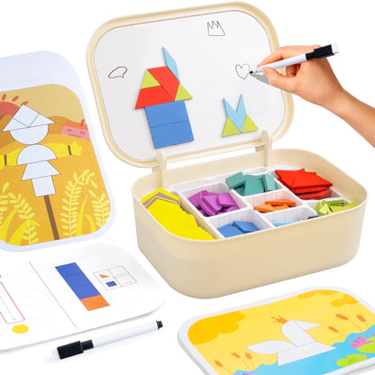 SaveJoy Magnetic Tangram Puzzle Learning Toys with Pen, 250PCS Montessori Pattern Blocks Set for Toddlers 4-8, Educational Stem Gift for Kids