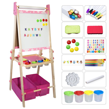 SaveJoy 3-in-1 Wooden Double Sided Kids Art Easel,Magnetic Whiteboard, Chalkboard and Paper Roll,Adjustable Standing Drawing Board with Accessories for Boys & Girls，Pink