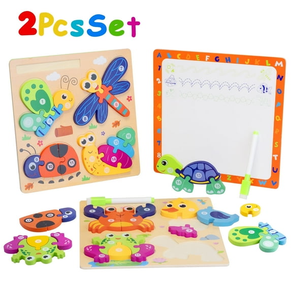 SaveJoy2 Pack Wooden Puzzles for Toddlers, 3D Vehicle Jigsaw Puzzle Set with Drawing Board, Baby Educational Learning Toys for Kids Age 3＋