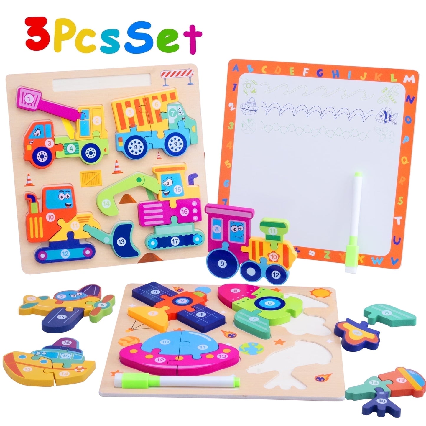 SaveJoy Montessori Wooden Puzzles for Toddlers 3-5 Years, 3-in-1 Animal Shape Learning Toys with Drawing Board, Preschool Educational Gift for Kids