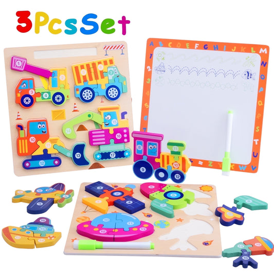 SaveJoy Montessori Wooden Puzzles for Toddlers 3-5 Years, 3-in-1 Animal Shape Learning Toys with Drawing Board, Preschool Educational Gift for Kids