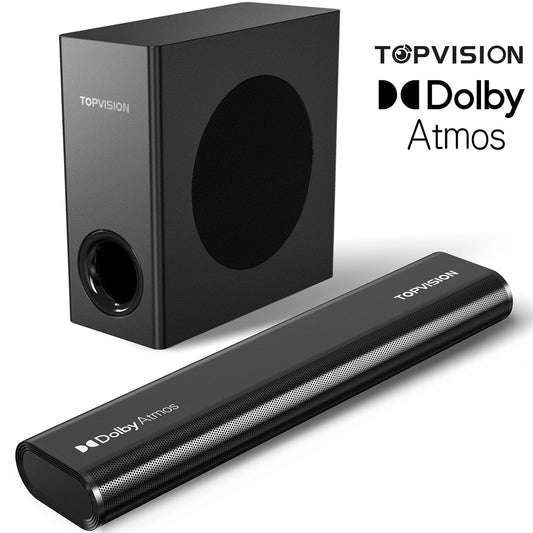 TOPVISION 2.1Ch Dolby Atmos Soundbar with Subwoofer, 150W Sound Bar for TV with Bluetooth 5.3, Home Theater Surround System for TV/Projector/PC, HDMI eARC, Optical, AUX & USB