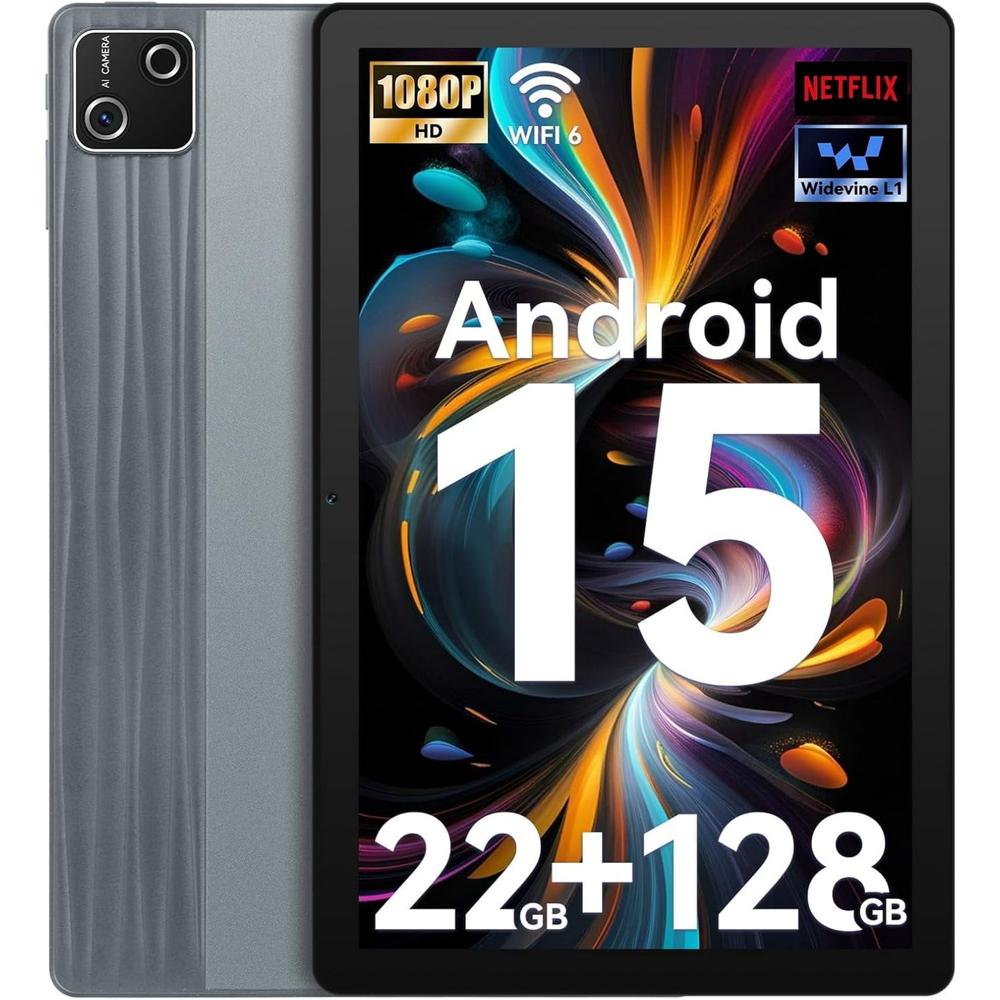 2025 Latest Android 15 Tablet - Tablet 10 Inch with 22GB + 128GB + 1TB TF Octa Core and Widevine L1, Wi-Fi 6G/BT 5.3, 6200mAh, 5+8MP, Computer Mode Supported - Gray