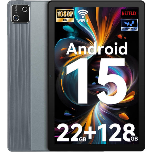2025 Latest Android 15 Tablet - Tablet 10 Inch with 22GB + 128GB + 1TB TF Octa Core and Widevine L1, Wi-Fi 6G/BT 5.3, 6200mAh, 5+8MP, Computer Mode Supported - Gray