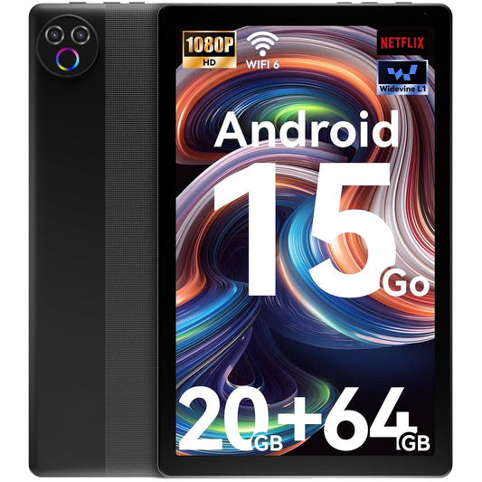 Android 15 GO Tablet 10inch Tablet, 5-Core, 20GB RAM+64GB ROM+1TB Expand, 1332x800 IPS Display, HD Touchscreen, Widevine L1, 6G WiFi, 5MP+8MP Camera, 5000mAh, Bluetooth 5.4 -Black