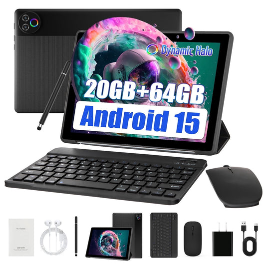 Android 15 Tablet, 5-Core, 20GB RAM+64GB ROM+1TB Expand, 10inch Tablet with Keyboard Case Mouse Stylus Pen,Widevine L1, 6G WiFi, Dual Camera, 5000mAh,Black