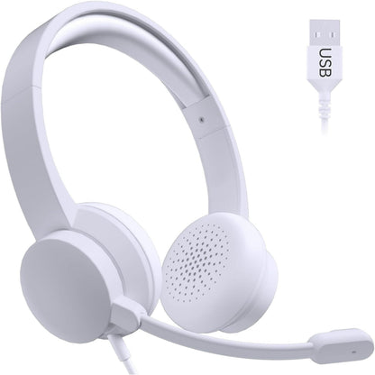Wired Headphones with Mic, USB Headset with Microphone for PC, Noise Cancelling Microphone for Video Meetings, Music, Gaming, White