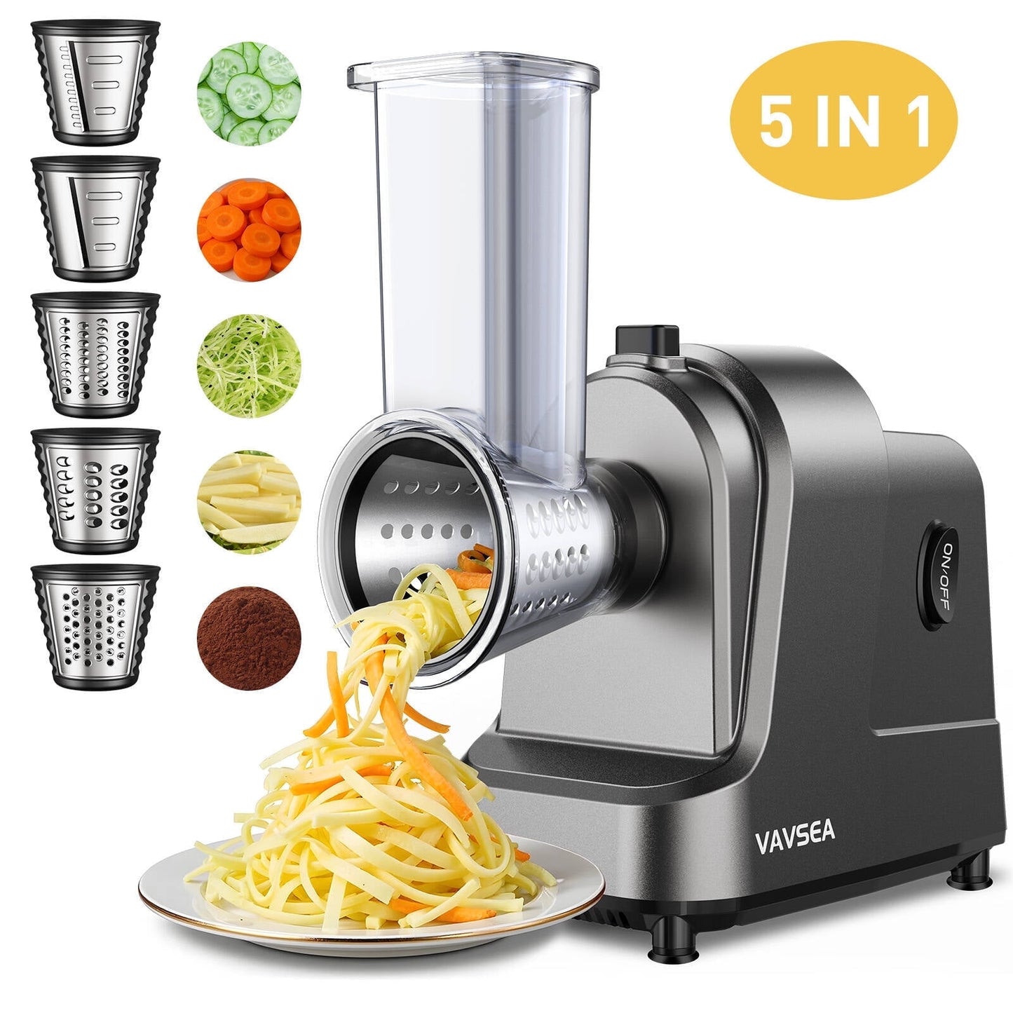 VAVSEA 5-in-1 Electric Cheese Grater, 400W Electric Cheese Shredder with 5 Stainless Blades, Salad Maker with One-Touch Control for Cheese, Vegetables and Fruits