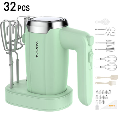 VAVSEA Electric Hand Mixer with 32 Attachments, Includes 2 Whisk, 2 Dough Hooks, 2 Beater, Cake Decorating, 500W Handheld Mixer for kitchen, Baking, Blending, Green