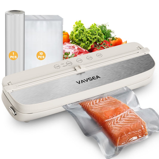 VAVSEA 75Kpa Vacuum Sealer Machine with Built-in 2 Cutters, Food Vacuum Sealer with 1 Roll Bag & 10Pcs Bags and 6 Modes, Suitable for Sous Vide and Seal Food Storage
