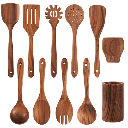 VAVSEA 11 Pcs Wooden Spoons for Cooking, Thickened Natural Wooden Cooking Utensil with Wide Utensil Heads & Non-Stick, Wooden Spoon Set for Kitchen Essentials