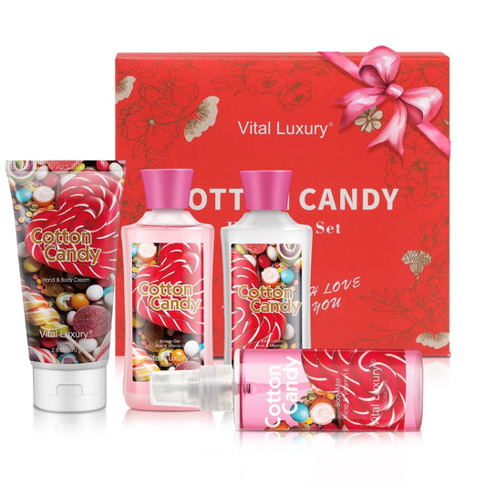 Vital Luxury Bath & Body Kit,Cotton Candy Scent for Unisex,Skincare Gift Home Spa Set,with Body Lotion,Mist,Gel and Hand Cream
