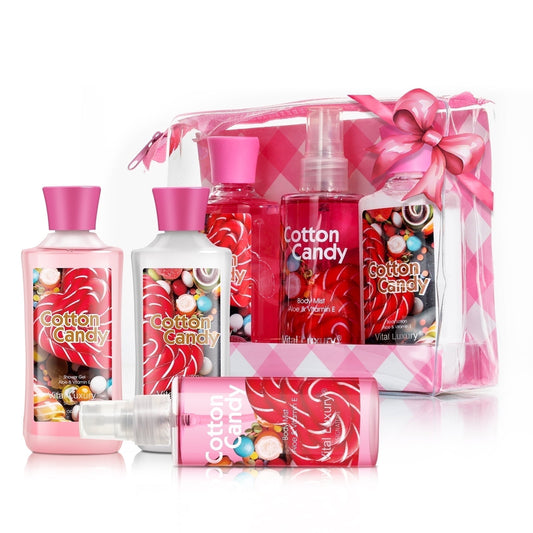 Vital Luxury Bath and Body Care Travel Set for Unisex,Cotton Candy Scents,with Body Lotion,Mist and Gel
