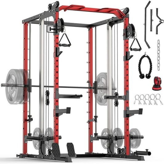 WARIOUT Power Cage, 2000LBS Multi-Function Smith Machine with Cable Crossover System, Fitness Squat Rack for Full-Body Workouts, Weight Cage for Home Gym