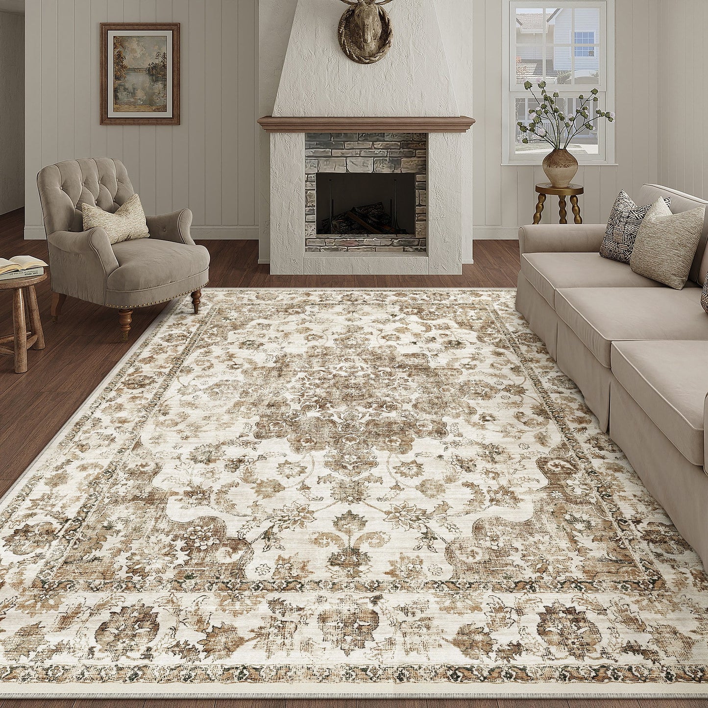 WIPONKEN 8x10 Area Rugs for Living Room Bedroom Dining Room Office Farmhouse, Machine Washable Non Slip Vintage Persia Rug Brown