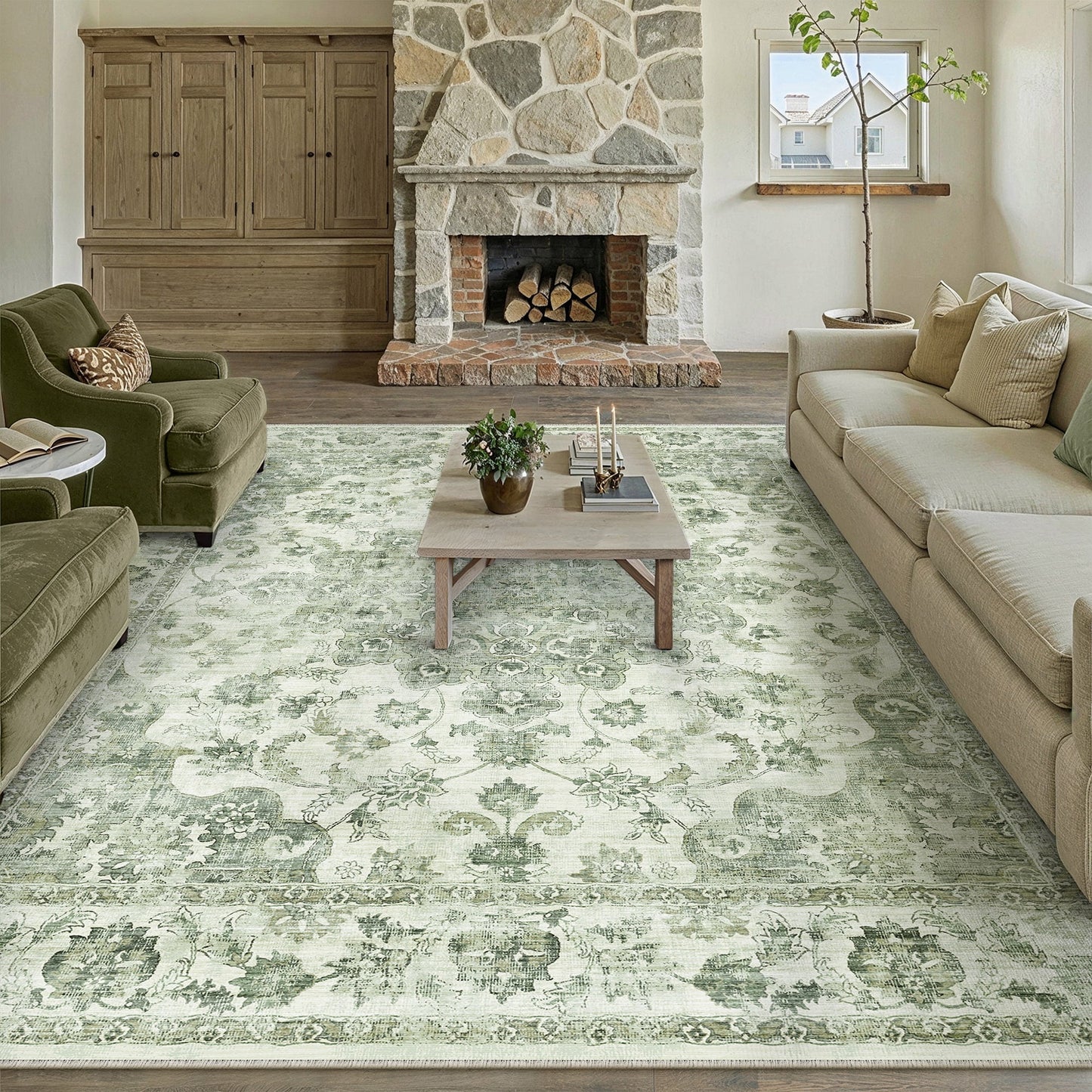 WIPONKEN 8x10 Area Rugs for Living Room Bedroom Dining Room Office Farmhouse, Machine Washable Non Slip Vintage Persia Rug Green