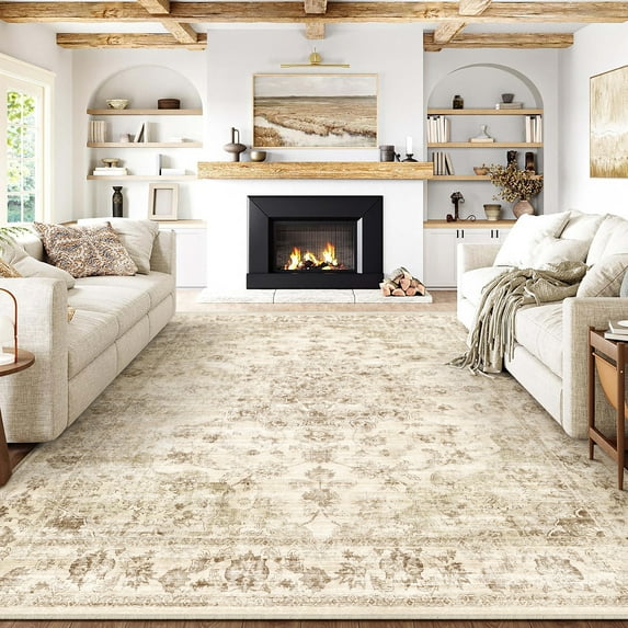 WIPONKEN 8x10 Area Rugs for Living Room Bedroom Dining Room Office Farmhouse, Machine Washable Non Slip Vintage Persia Rug Beige