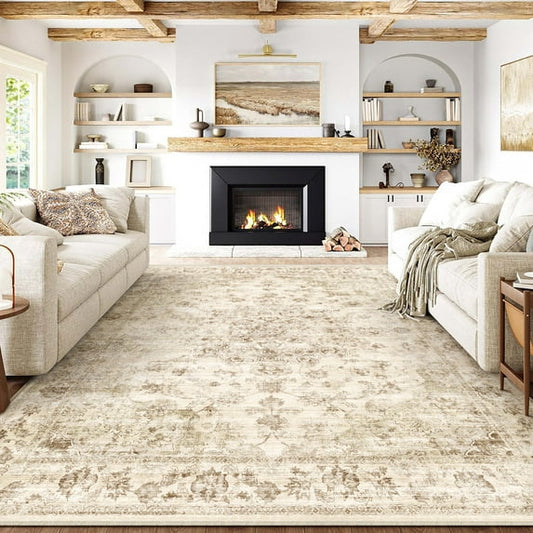 WIPONKEN 8x10 Area Rugs for Living Room Bedroom Dining Room Office Farmhouse, Machine Washable Non Slip Vintage Persia Rug Beige