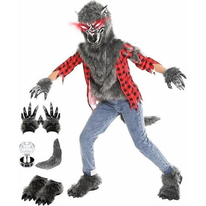 Werewolf Costume for Boys, Wolf Suits with Light up Red Eyes Mask, Gloves, Shoes, Tail, Fangs Dress up for 3-4 Years Kids