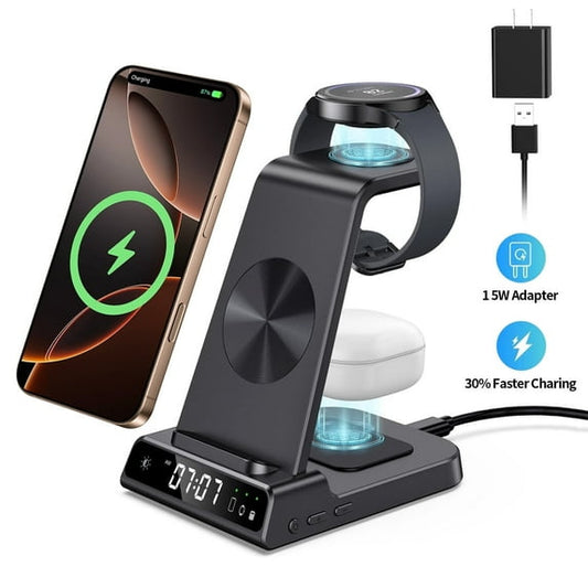 Wireless Charger Fits for iPhone & Samsung, 3 in 1 Fast Charging Station for Multiple Devices with Digital Clock Charging Dock Stand Compatible with iPhone & Apple Watch & AirPods,Black