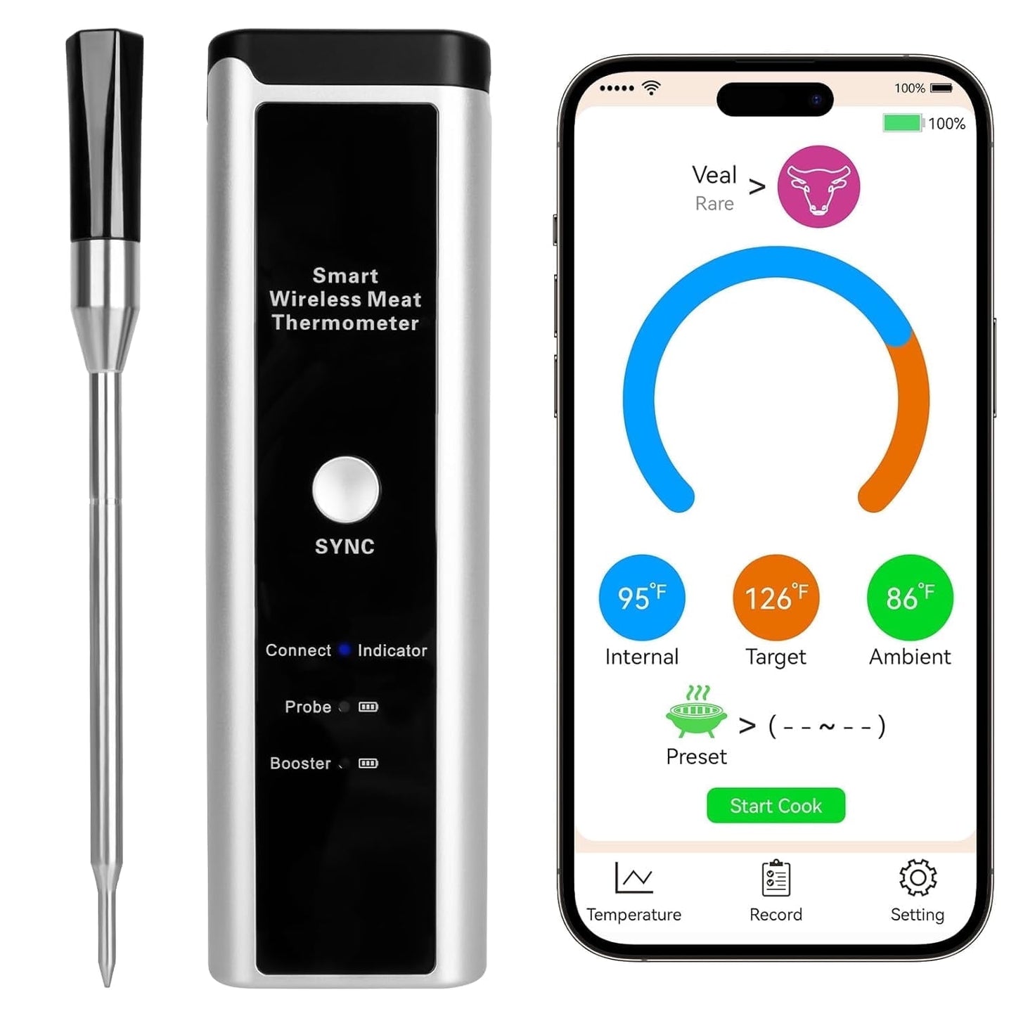 Wireless Meat Thermometer with 500ft Bluetooth Range, IPX7 Waterproof, Dishwasher Safe & Rechargeable - Digital Food Thermometer for BBQ, Grill, Smoker, Oven