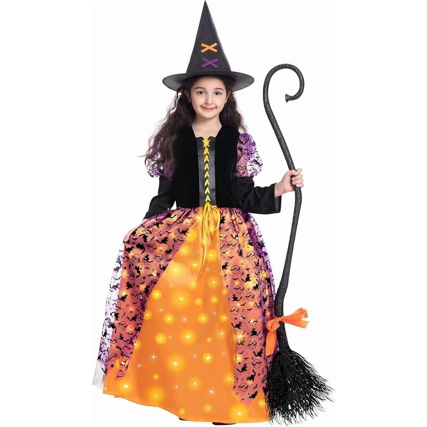Girls Witch Costume with Light Up Dress & Glow Hat with Broom for 5-7 Years Kids