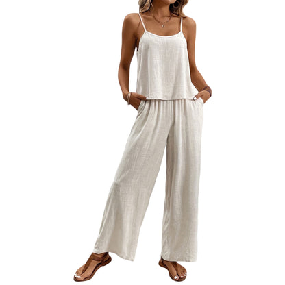 Women's Two-Piece Lounge Set Summer Travel Beach Vacation Suits Solid Sleeveless Cami Top High Waist Wide Leg Pants Casual Leisure Suit Outfit Beige