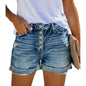 Women's Denim Jean Shorts for Juniors High Waisted Stretchy Distressed with Frayed Hem Button Closure and Pockets Casual Summer Teen Girls Blue