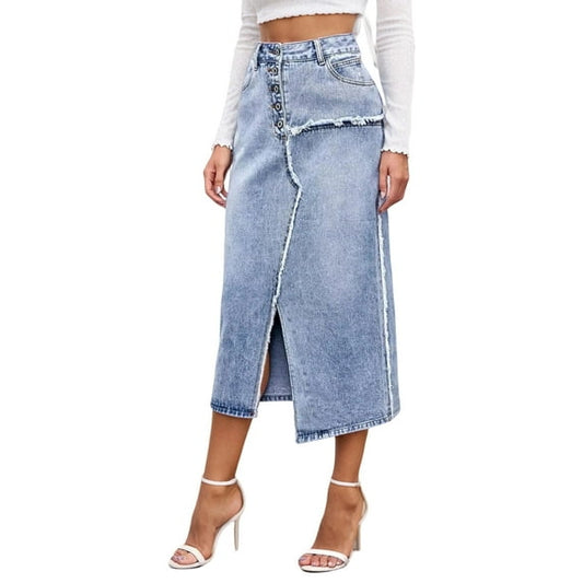 Women's Denim Skirt Long Jean Dress High-Waist Front Split Frayed Raw Hem A-Line Skirt with Pockets Casual Light Blue