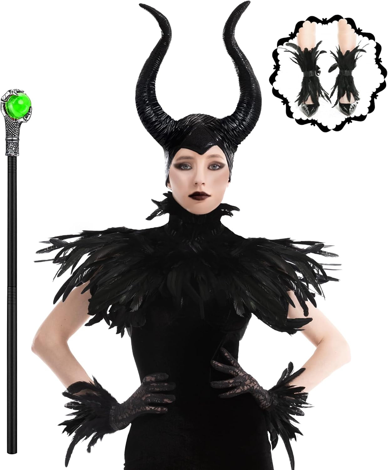 Women's Halloween Maleficent Costume, Gothic Black Crow Darkness Suits with Horn, Staff, Feather Cape Shawl and Long Lace Gloves and Footcovers for Adult Evil Witch Maleficent Queen Cosplay Party