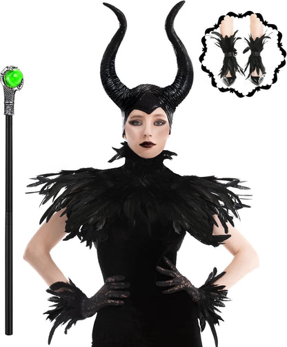 Women's Halloween Maleficent Costume, Gothic Black Crow Darkness Suits with Horn, Staff, Feather Cape Shawl and Long Lace Gloves and Footcovers for Adult Evil Witch Maleficent Queen Cosplay Party