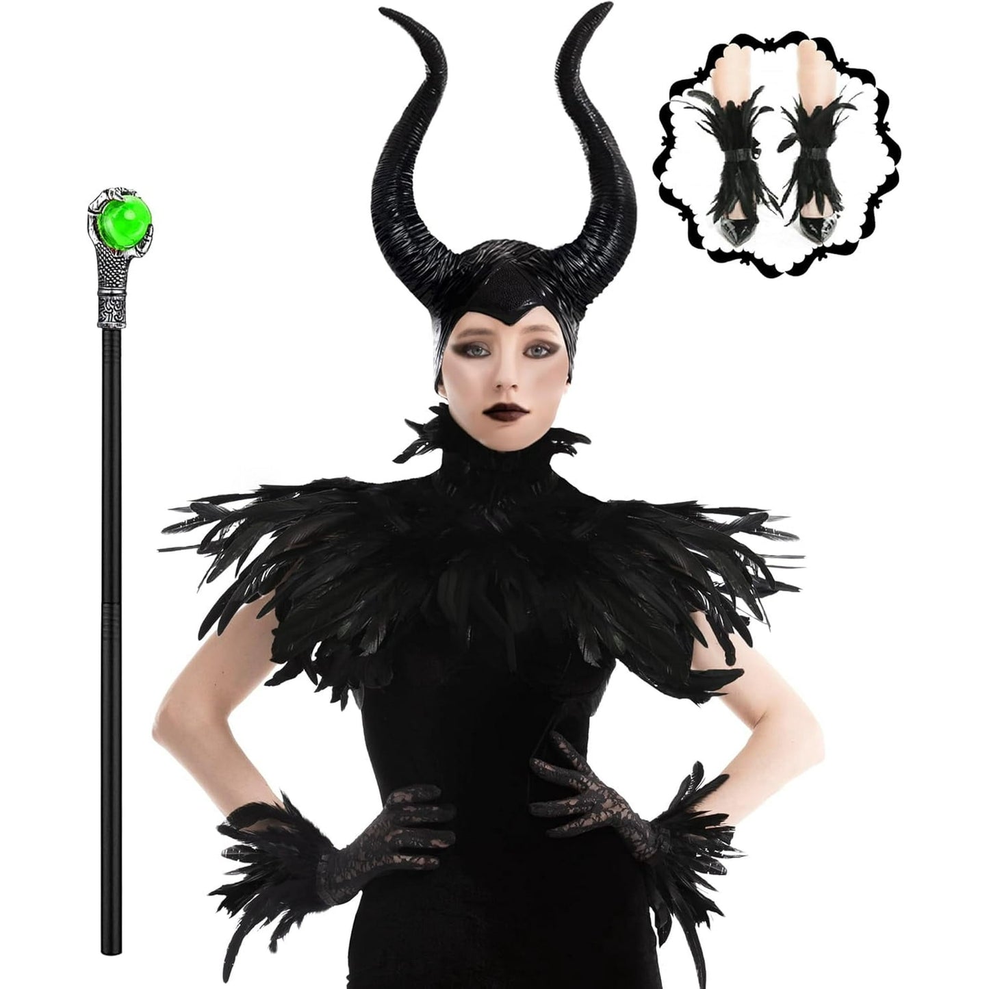 Women's Halloween Maleficent Costume, Gothic Black Crow Darkness Suits with Horn, Staff, Feather Cape Shawl and Long Lace Gloves and Footcovers for Adult Evil Witch Maleficent Queen Cosplay Party