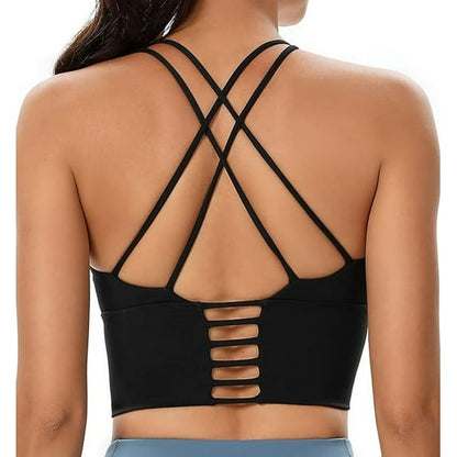 Sports Bra for Women Strappy Medium Support Padded Yoga Crop Tank Top Criss Cross Open Back Removable Cups for Workout Running Black