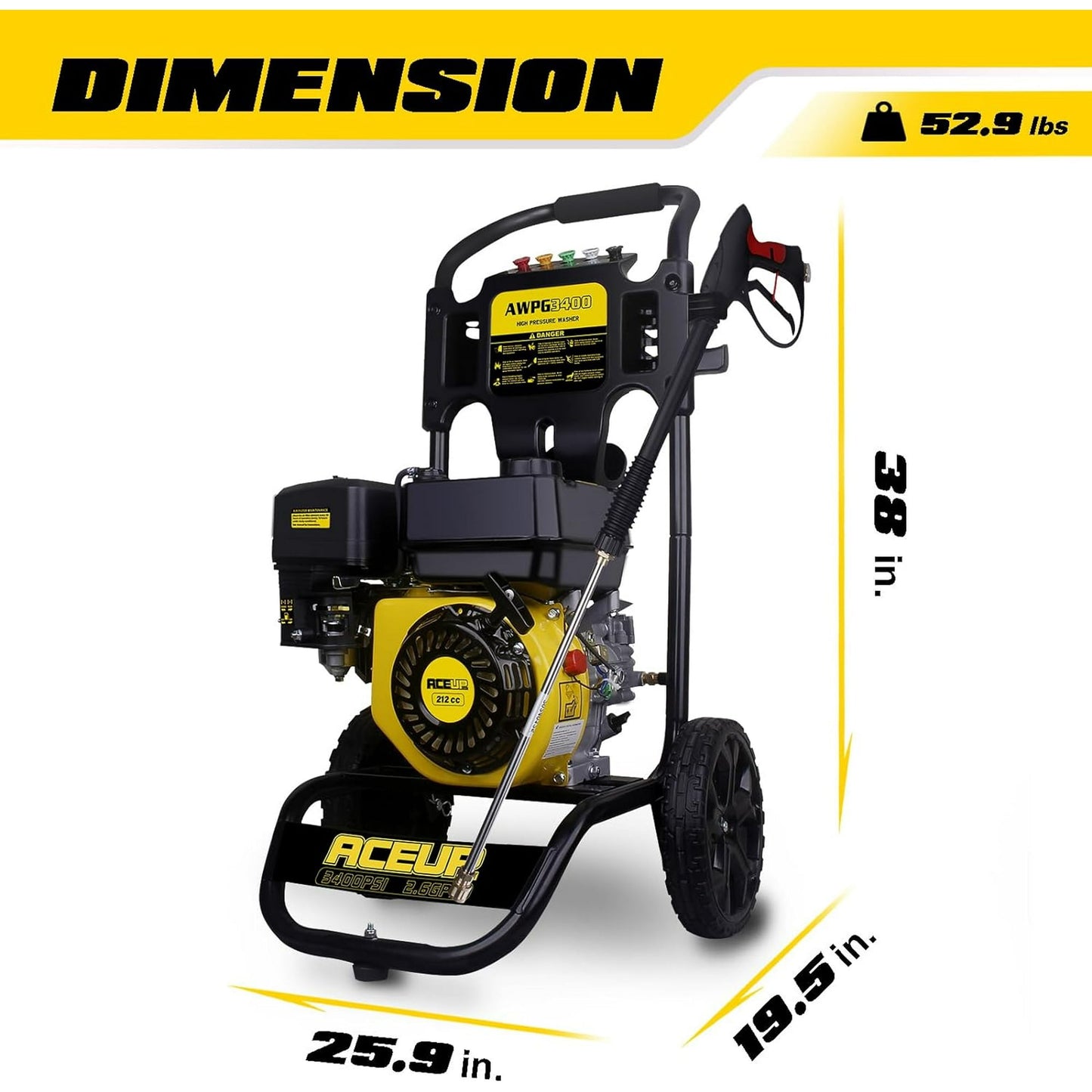 Aceup Energy 3400 PSI 2.6 GPM 212cc Gas Powered Pressure Washer, High Pressure Washer, EPA Compliant