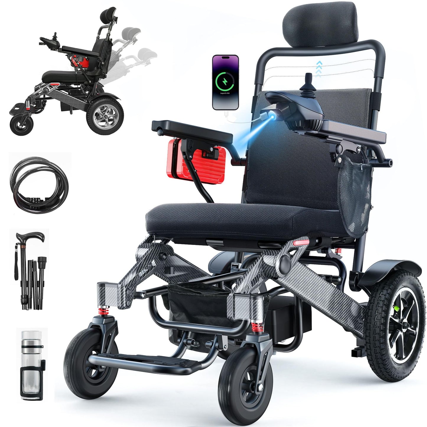Fluey Folding Electric Wheelchair for Adults with 500W Motor, 25mi Range, Reclining Seat & All-Terrain, 400lb Limit