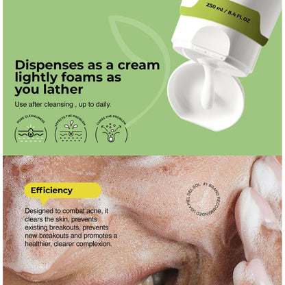 Acne Foaming Wash Cleanser, Benzoyl Peroxide Acne Treatment for Face, Body, pH Balancing - Fragrance-Free Foam Face Wash Moisturizer with Licorice Root, Vitamin E, Antioxidants 250ml.