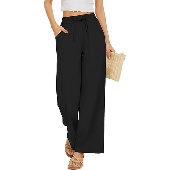 WQD Wide Leg Pant For Women Casual Flowy Dressy Palazzo Pants Adjustable Tie Knot Elastic Waist with Pockets