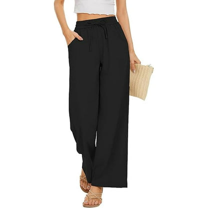 WQD Wide Leg Pant For Women Casual Flowy Dressy Palazzo Pants Adjustable Tie Knot Elastic Waist with Pockets