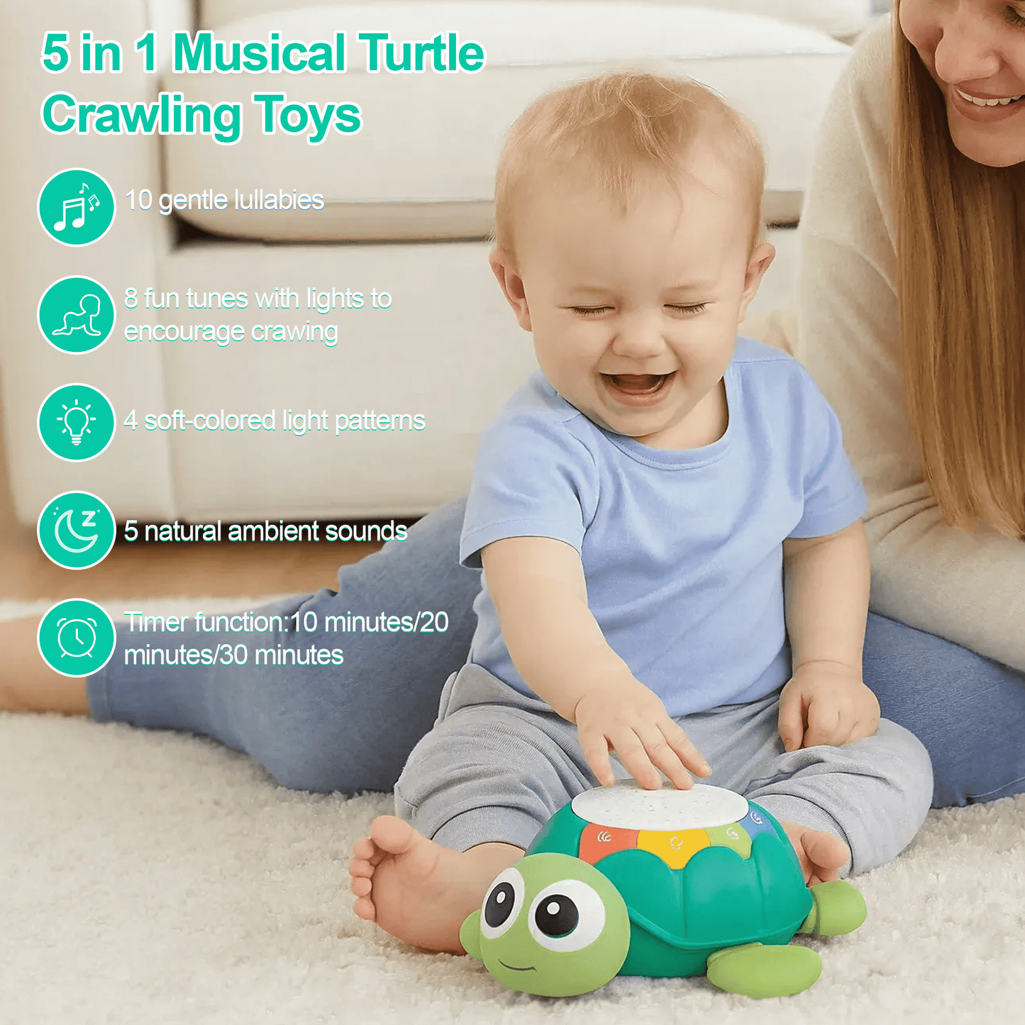 FRESHE Toddler Toys for 1 Year Old Boy Girl Gifts, 5 in 1 Turtle Musical Crawling Toy with Lighting & Music, Baby Sensory Toys for Toddlers 1-3