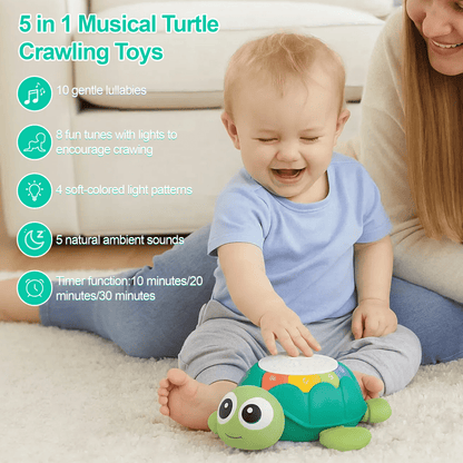 FRESHE Toddler Toys for 1 Year Old Boy Girl Gifts, 5 in 1 Turtle Musical Crawling Toy with Lighting & Music, Baby Sensory Toys for Toddlers 1-3