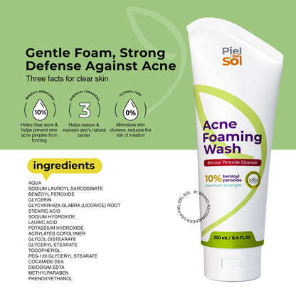 Acne Foaming Wash Cleanser, Benzoyl Peroxide Acne Treatment for Face, Body, pH Balancing - Fragrance-Free Foam Face Wash Moisturizer with Licorice Root, Vitamin E, Antioxidants 250ml.