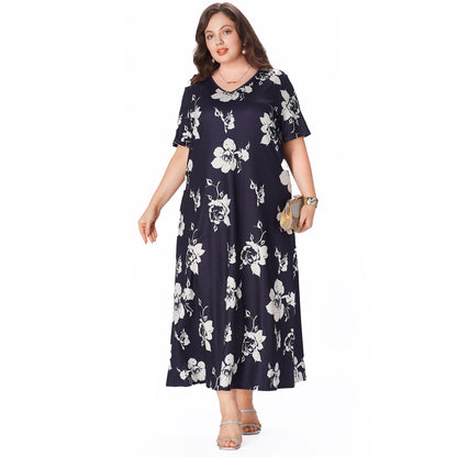 Women's Plus Size Dresses V Neck Short Sleeve Stretch Casual Loose Plus Size Long Maxi Dress Boho