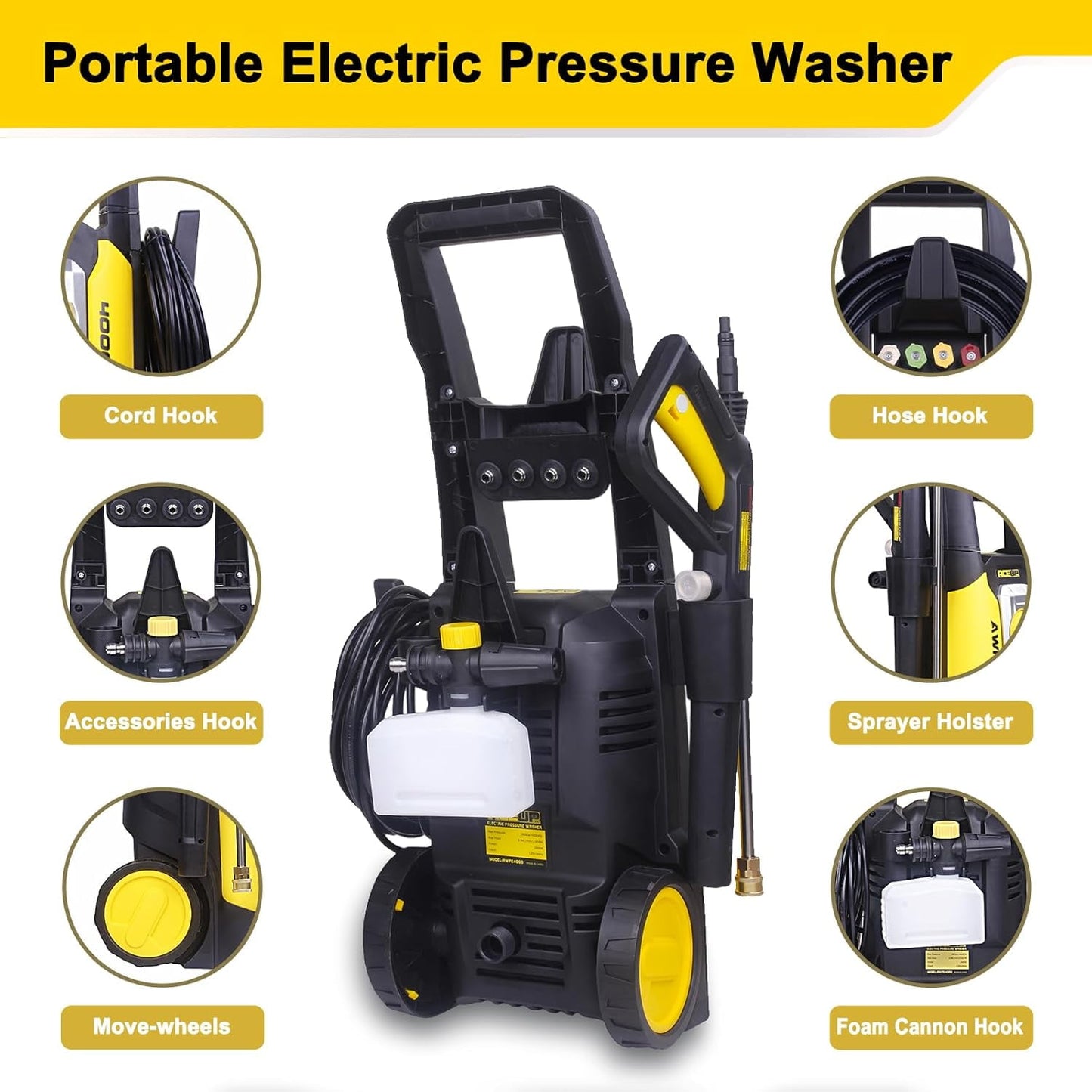 Aceup Energy 4000 PSI 2.6GPM Portable Electric Pressure Washer for Cars Fences Patios Driveways, Lightweight