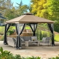 FONA 11'x11' Patio Gazebo with Netting&Double Roof,Ceiling Hooks,Pop-Up Canopy Tent for Lawn&Patio