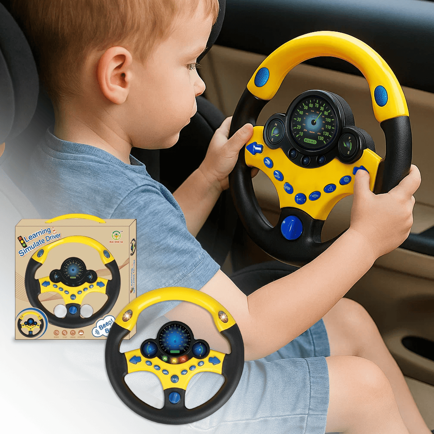 Kids Pretend Play Steering Wheel Toy with Light and Music, Funny Interactive Driving Toy for Boys and Girls, Sensory Toys for Ages 3+, Yellow