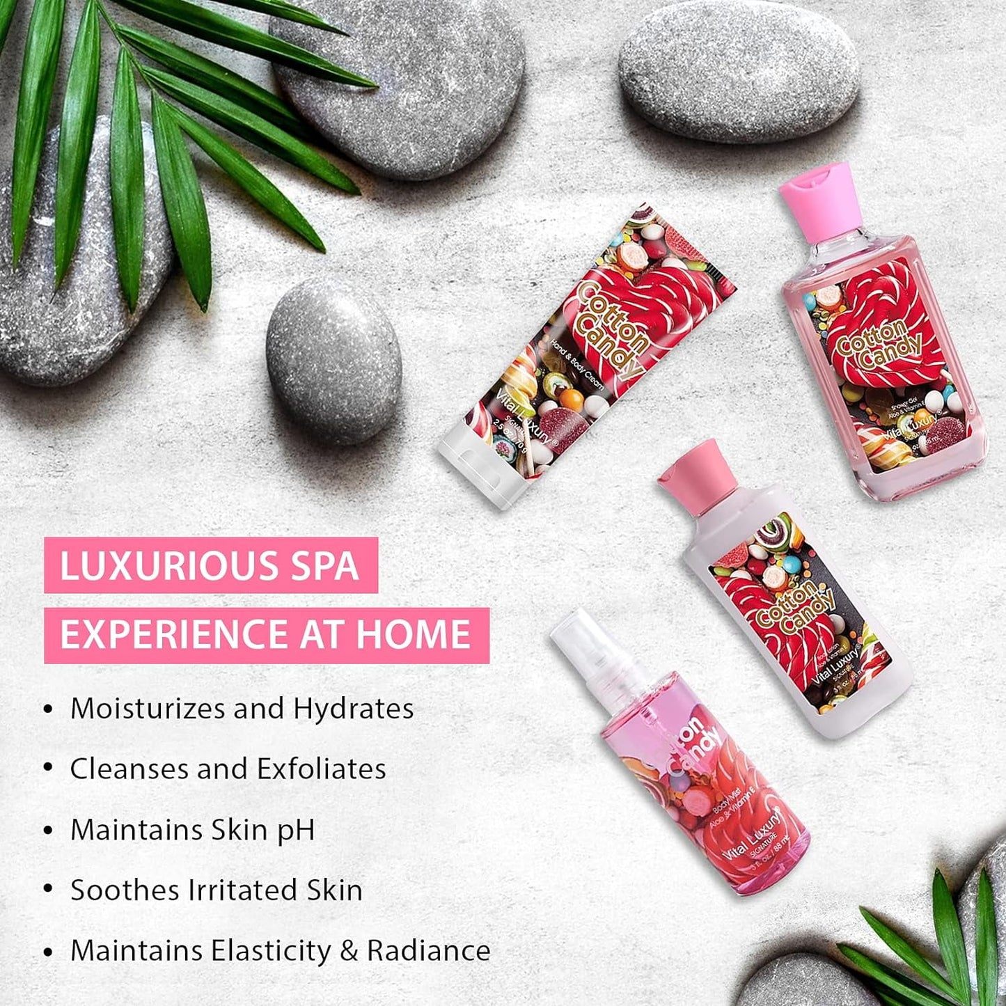 Vital Luxury Bath & Body Kit,Cotton Candy Scent for Unisex,Skincare Gift Home Spa Set,with Body Lotion,Mist,Gel and Hand Cream